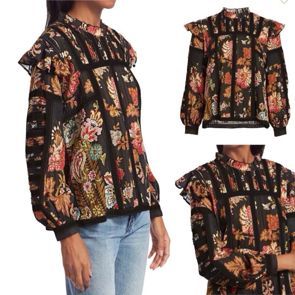 SEA New York Floral Pascale Blouse Top Long Sleeve Mock Neck Ruffle